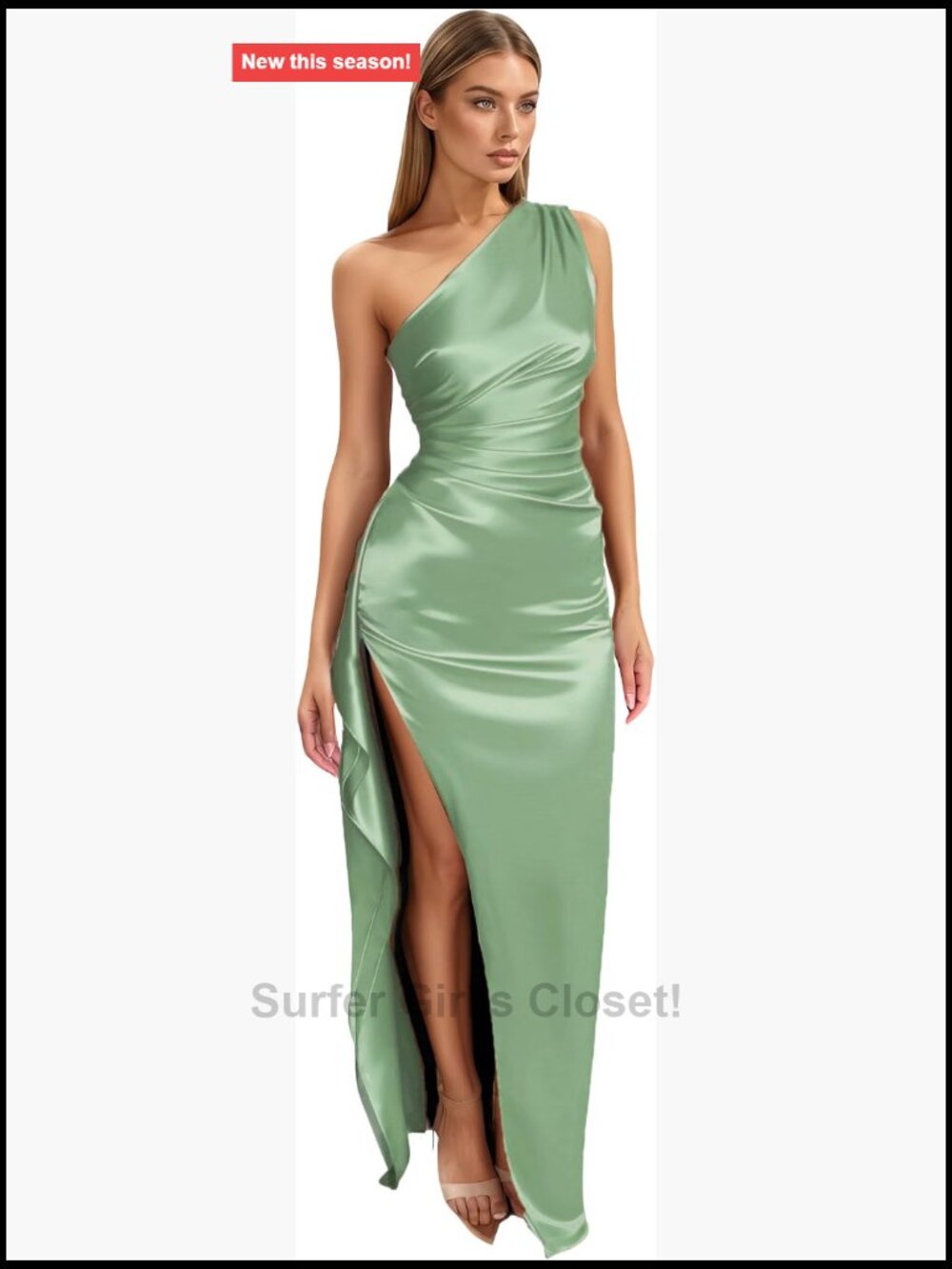 One Shoulder Ruched Satin Maxi Dress Side Slit Formal